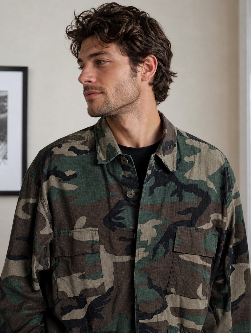 MEN’S CAMO MILITARY STYLE UTILITY SHIRT JACKET MULTI POCKET